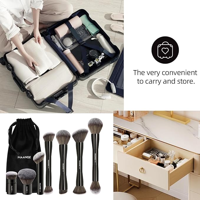 MAANGE 7pcs Makeup Brush Set Double Sided Kabuki Makeup Brushes Contour Brush for Foundation Liquid Powder Concealer Cream Cosmetics Bronzer Blending Blush Buffing Makeup Tools (Black)-GlimoraGlow