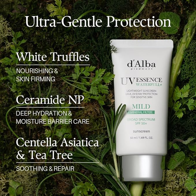d'alba Piedmont Italian White Truffle Waterfull Mild Sunscreen, Vegan, Mineral Sunscreen, BROAD SPECTRUM SPF 50+ Non-Nano Suitable for Sensitive Skin, Korean Skin Care (1.69 fl. oz)-GlimoraGlow