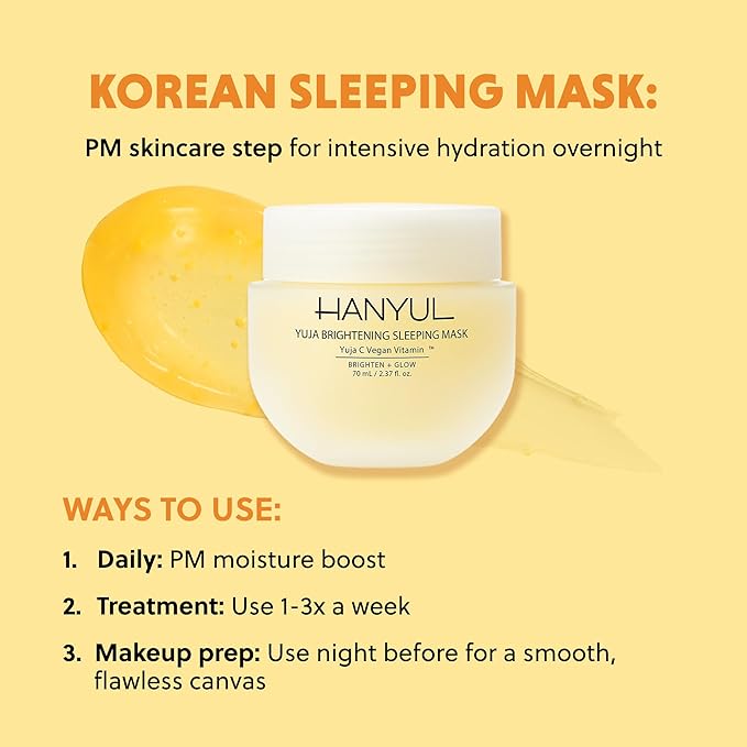 Hanyul Yuja Sleeping Mask | Korean Yuzu Night Cream, Vitamin C for Glow, Radiance, Brightening, Vegan Hydrating Overnight Moisturizer with Hyaluronic Acid, Niacinamide & Antioxidants 2.37 fl. oz.-GlimoraGlow