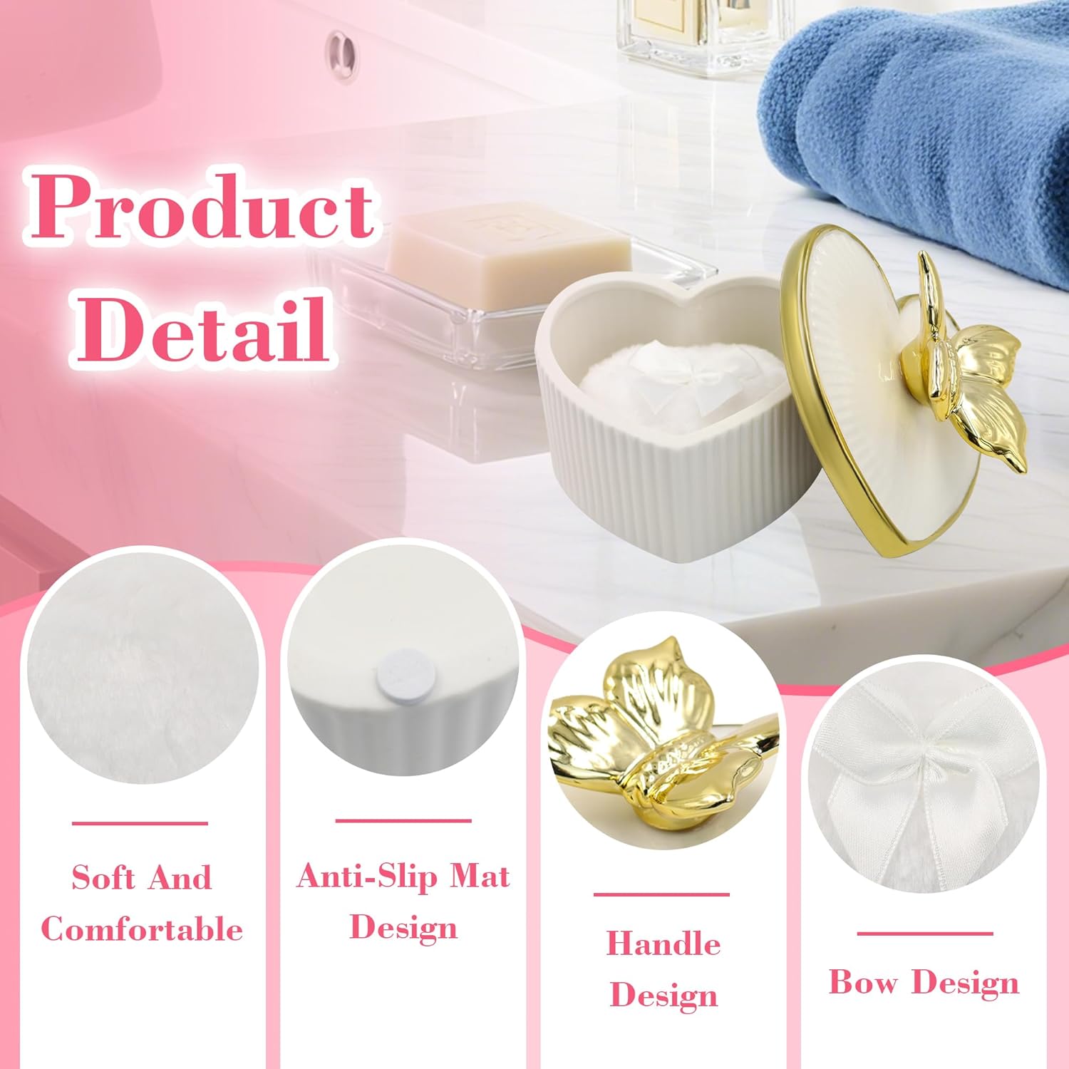 Large Body Powder Puff and Container, Ceramics Dusting Powder Container with 2 PCS Washable Heart Shaped Body Puff, Butterfly Dusting Case for Wet and Dry Makeup (White)-GlimoraGlow