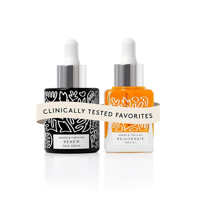 Naked & Thriving The Night Set | Renew Resurfacing Night Serum (30 mL) + Rejuvenate Restorative Face Oil (35 mL) with Hyaluronic Acid, Argan & Sea Buckthorn Oils and Fruit AHAs (Set of 2)-GlimoraGlow