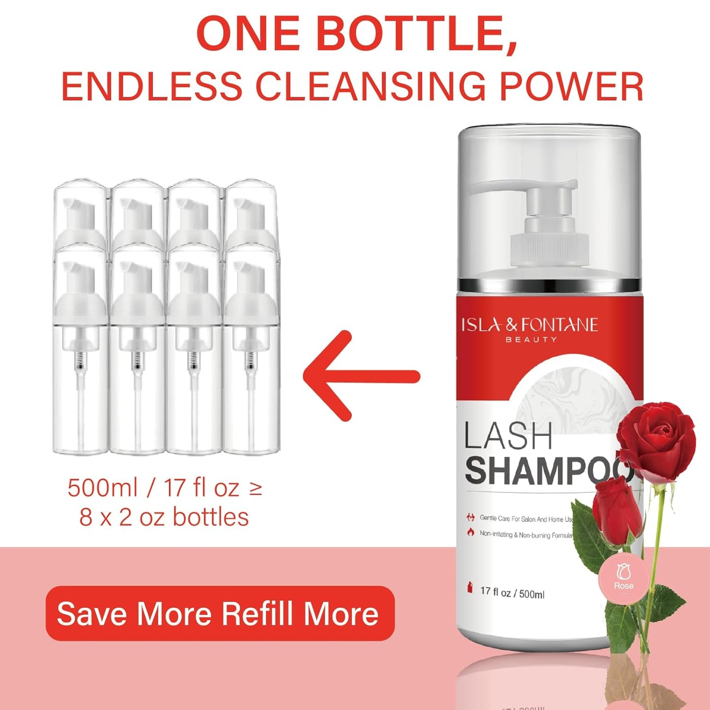 ISLA & FONTANE Lash Shampoo Bulk – Multi-Scent Series – 17 fl oz / 500ml | Gentle Eyelash Cleanser for Lash Extensions | Non-Irritating | Professional Lash Bath Foam For Salon And Home Use (Rose)-GlimoraGlow