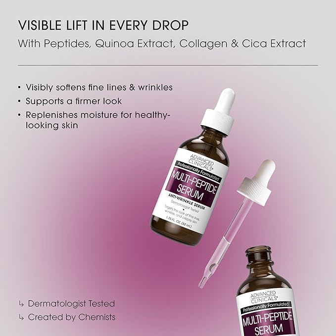 Advanced Clinicals Multi Peptides Serum For Face | Visible Anti Aging Hydrating Collagen Peptide Facial Serum With Vitamin E Helps Improve Look Of Wrinkles, Puffiness, & Uneven Skin Tone, 1.75 Fl Oz-GlimoraGlow