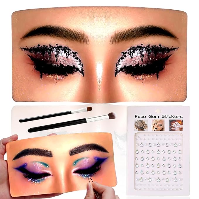 Mannequin Face for Makeup Practice, Makeup Practice Face Board with Makeup Brushes Rhinestones Sticker, Silicone Makeup Mannequin Face for Makeup Artist Supplies(Wheat colored)-GlimoraGlow