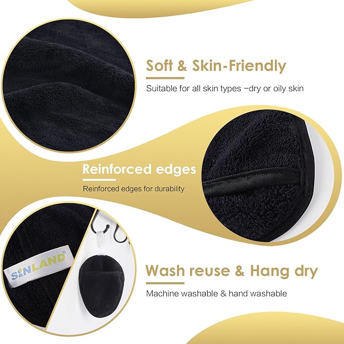 SINLAND Reusable Makeup Remover Pads For Face,Eye,Lips Microfiber Gentle Facial Cleansing Cloths for All Skin Types Friendly for Makeup Remover With Laundry Bag Black Pack of 12-GlimoraGlow