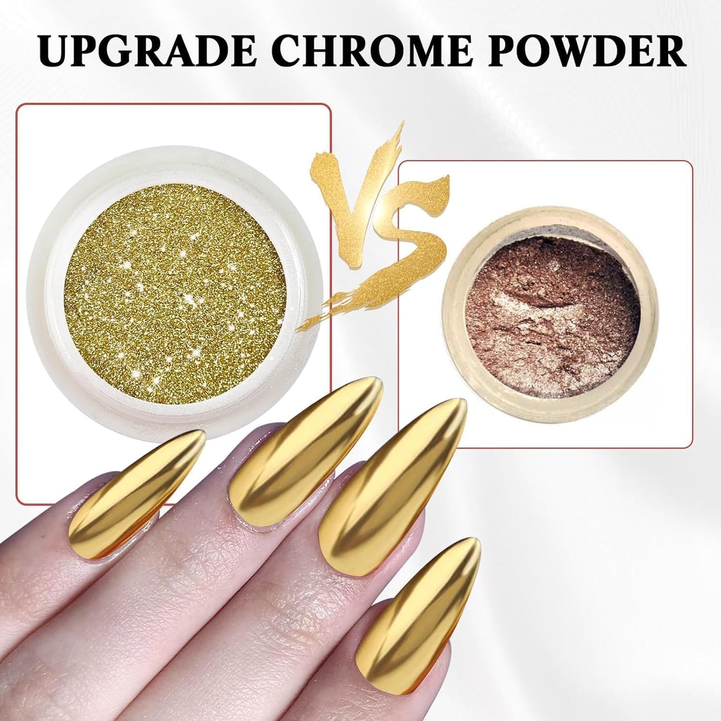 2 Jars Chrome Nail Powder：Mirror Effect Gold Chrome Nail Powder,Metallic Mirror Silver Chrome Powders Decoration for DIY Nail Art,Pigment Holo chrome powder with 4 Eyeshadow Sticks-GlimoraGlow