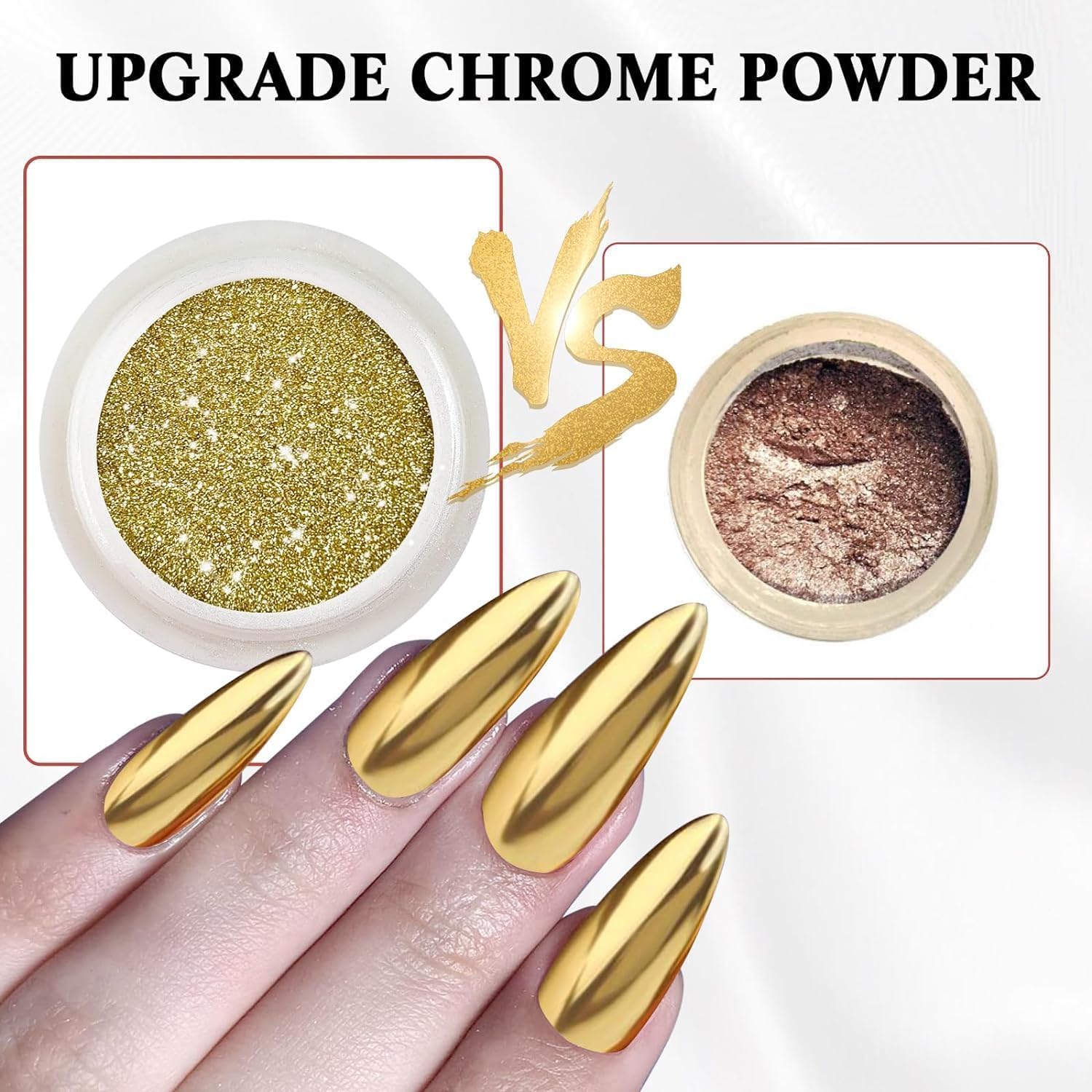 2 Jars Chrome Nail Powder：Mirror Effect Gold Chrome Nail Powder,Metallic Mirror Silver Chrome Powders Decoration for DIY Nail Art,Pigment Holo chrome powder with 4 Eyeshadow Sticks-GlimoraGlow