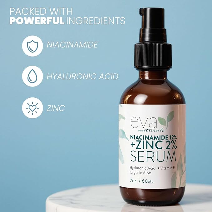 Eva Naturals Niacinamide 12% + Zinc Serum for Face – Dark Spot Remover, Pore Minimizer, Redness Relief, Hydrating Vitamin B3 with Botanical Hyaluronic Acid, Anti-Aging Facial Serum for Clear Skin-GlimoraGlow