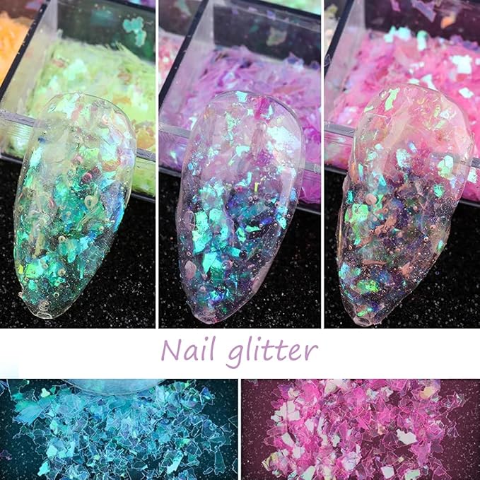 12 Colors Holographic Nail Art Glitter Sequins Iridescent Ice Slag Nail Glitter Laser Nail Art Flakes Colored Fluorescent Glass Paper Nail Sticker Decoration for Face Hand Body Make-Up DIY-GlimoraGlow