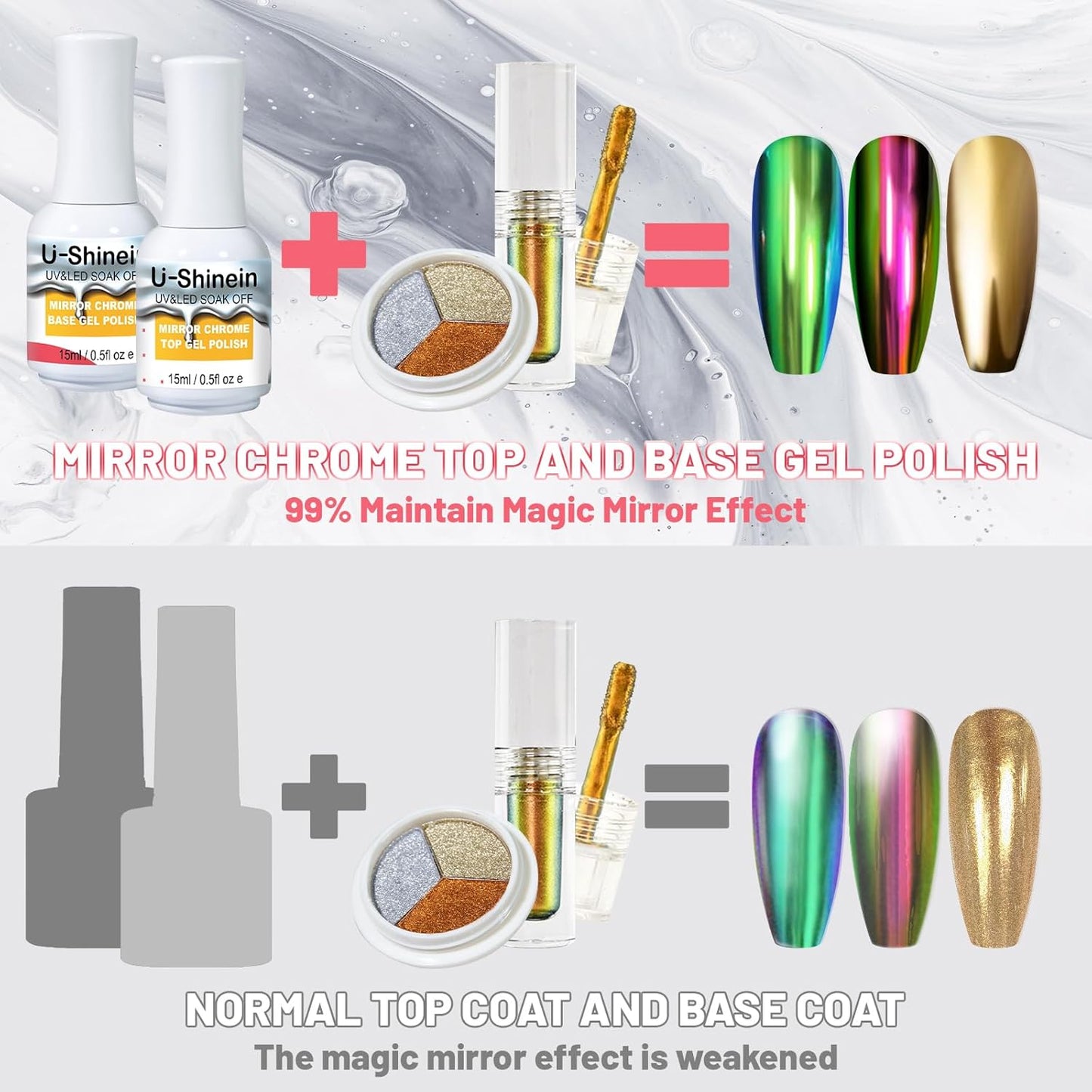 15ml Top Coat for Metallic Painting Gel, No Wipe Top Gel Polish for Metallic Gel Nail Polish, Chrome Nail Polish, Chrome Nail Powder, Mirror Nail Gel, Easy to Make Mirror Chrome Effect-GlimoraGlow