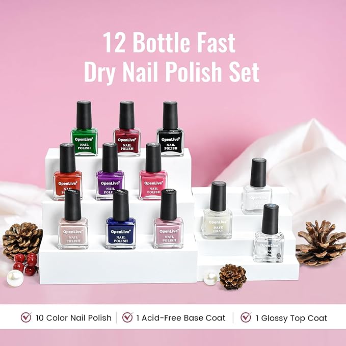 12 PCS Nail Polish Set With 10 Colour Combo, 2 PCS Base And Top Coat,Fast Drying Nail Polish For Home DIY And Beginners.-GlimoraGlow