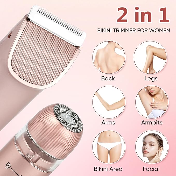2 in 1 Women Electric Shaver Dual Head Bikini Trimmer for Women IPX7 Waterproof Wet & Dry Use Body Hair Trimmer and Facial Hair Remover for Bikini Underarm Leg Arm Body Face-GlimoraGlow