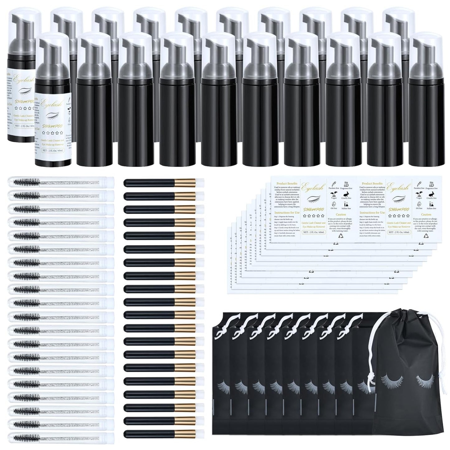 100 Pcs Lash Shampoo Bottle Brushes Set 20 Empty Foam Pump Dispensers 20 Label Stickers 20 Mascara Wands and Tubes 20 Cleansing Brush 20 Bag for Eyelash Extensions Aftercare(Black)-GlimoraGlow