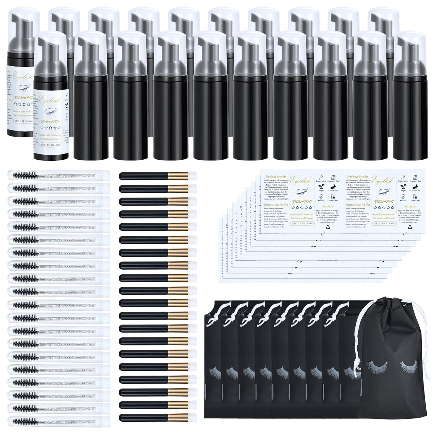 100 Pcs Lash Shampoo Bottle Brushes Set 20 Empty Foam Pump Dispensers 20 Label Stickers 20 Mascara Wands and Tubes 20 Cleansing Brush 20 Bag for Eyelash Extensions Aftercare(Black)-GlimoraGlow