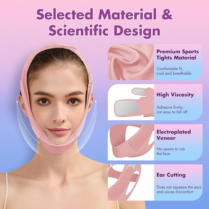 2 Pack Face Slimming Strap, Double Chin Reducer Band, Graphene V-Line Mask Chin Up Mask V Shaped Face Mask Chin strap for sleeping, V-Line Lifting Mask for Women, Medium, Black and Pink-GlimoraGlow
