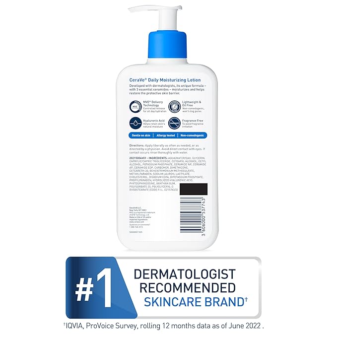 CeraVe Daily Moisturizing Lotion for Dry Skin, Body Lotion & Face Moisturizer with Hyaluronic Acid and Ceramides, Daily Moisturizer, Fragrance Free, Oil-Free, 12 Ounce-GlimoraGlow