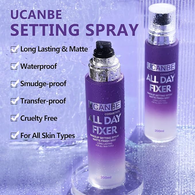 Long Lasting Makeup Setting Spray Kit- 6.76 Fl oz Hydrating Matte Finish Mist Lightweight Face Make up Fixer +Travel Size Spray Bottle+Sponge Puff Makeup Set-GlimoraGlow