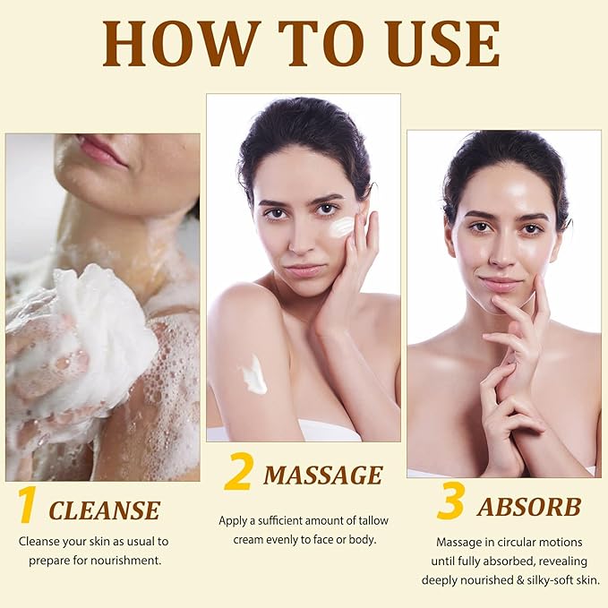 Whipped Tallow Cream for Face & Body - 100% Grass-Fed Beef Tallow, Natural Honey & Beeswax Moisturizer, Deep Hydration & Nourishment, Oil-Free & Unscented, Fast Absorbing-GlimoraGlow