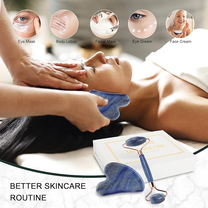 Jade Roller for Face, Facial Roller Massager Skin Care Tool, Gua Sha Facial Tools for Face, Neck, Eyes, Reduce Puffiness of The Skin(Blue)-GlimoraGlow