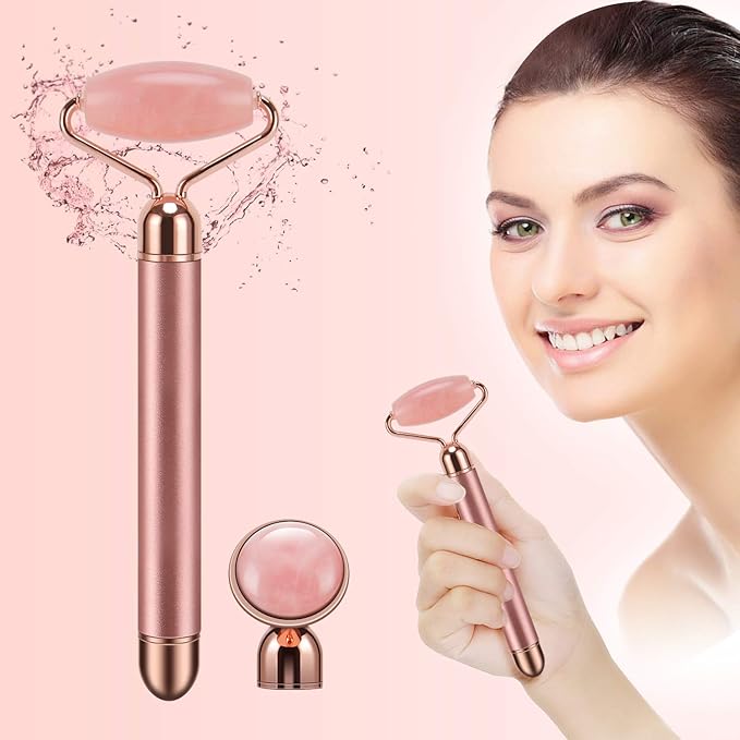 2-IN-1 Electric Jade Roller Massager Facial Roller & Face Massager, Rose Quartz-GlimoraGlow