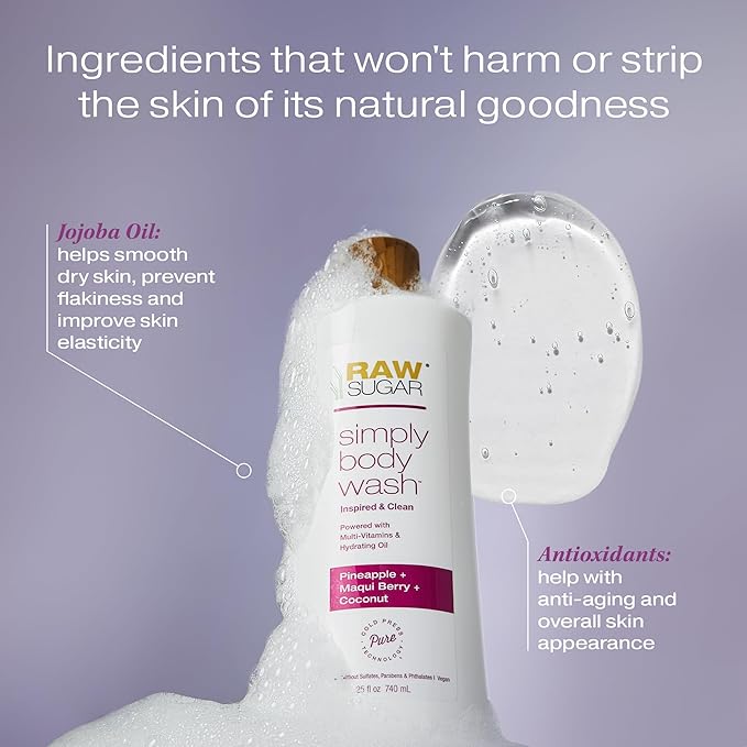 RAW SUGAR Simply Body Wash - Pineapple + Maqui Berry + Coconut, Moisturizing & Brightening Bath & Shower Gel, Sulfate-Free, Paraben-Free & Vegan (Pack of 3)-GlimoraGlow