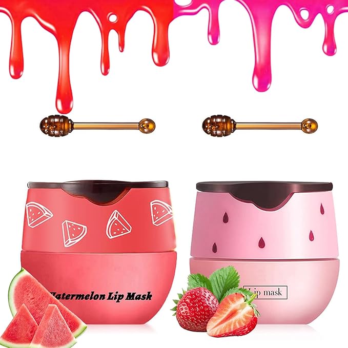 2 PCS Bee Lip Balm Honey Pot, Strawberry & Watermelon Lip Sleeping Masks Overnight, Hydrating Prevention Dry and Cracked Lip Scrubs Exfoliator Lip Care, Reduces Lip Lines-GlimoraGlow