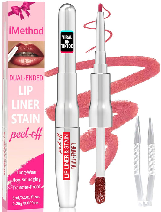 iMethod Lip Liner Stain - Lip Stain, 2-In-1 Dual-Ended Peel Off Lip Stain with Tweezer, Natural Long Lasting Peel Off Lip Liner, Easy to Use for All Skin Types, Stay All Day, Nude Pink-GlimoraGlow