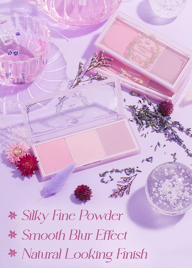 I'm Meme Palette - Afternoon Tea Blusher | Blossom Tea Blended, Cool Tone Blush for Cheek, Soft Pink, Peach, Lavender, 3 Shades Palette, Matte Powder Blush for Face&Cheeks, 0.4oz-GlimoraGlow