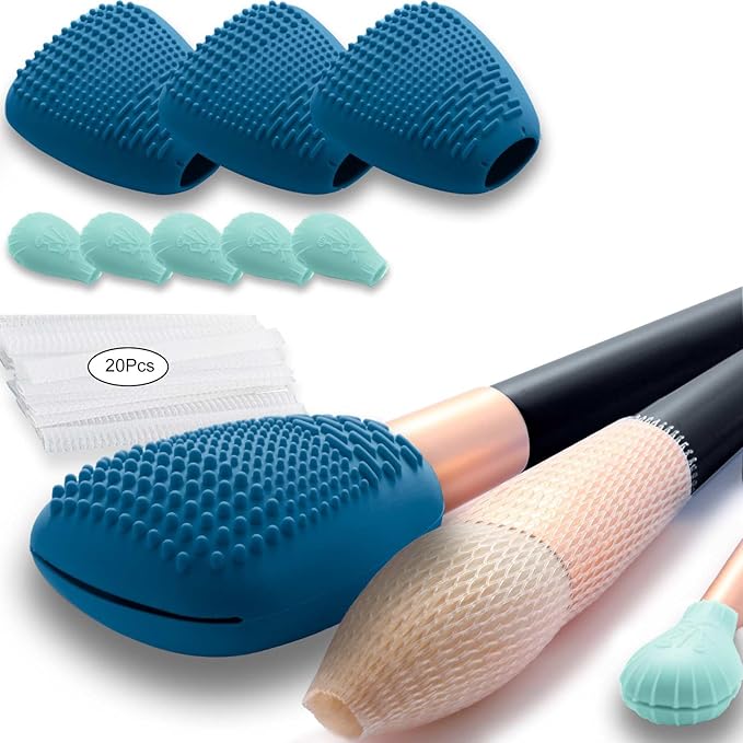 Silicone Travel Make-up Brush Holder with Cleaner Mat Pad, Organizer Case Covers for Foundation Eye Lip Brushes Storage Cleaning, Gift for Women Girl-Friend Mother Wife, 3-Pcs Large + 5 Small, Blue-GlimoraGlow