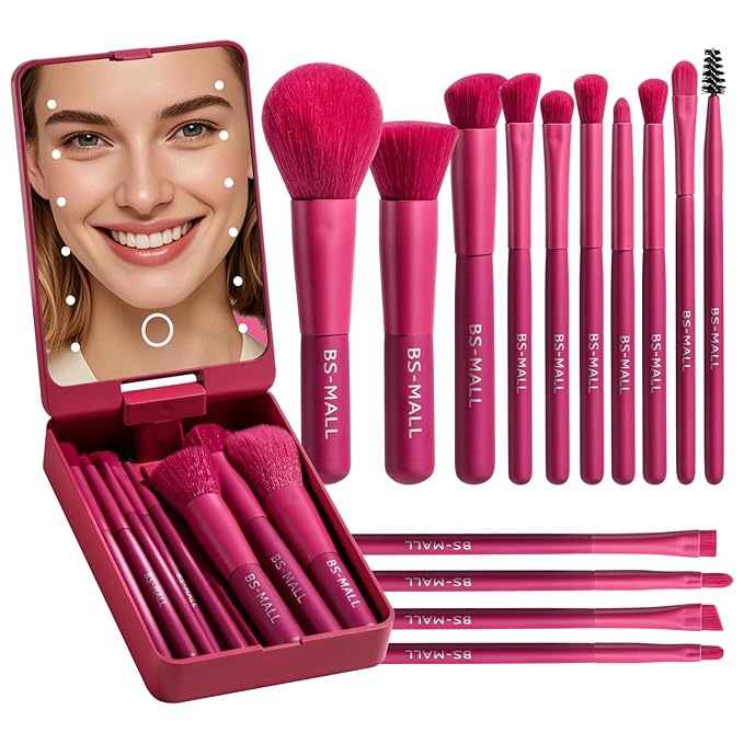 BS-MALL Travel Makeup Brush Set Foundation Powder Concealers Eye Shadows Makeup Set with LED light Mirror 14 Pcs (HotPink)-GlimoraGlow