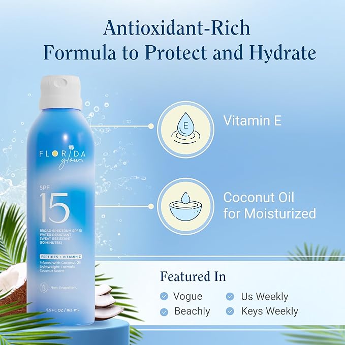 Florida Glow SPF 15 Sunscreen Spray - Hawaii 104 Reef Act & Florida Keys Compliant, Broad Spectrum, Water Resistant - Sun screen protector for face and body, PABA-Free & Oxybenzone Free (5.5 Fl Oz)-GlimoraGlow