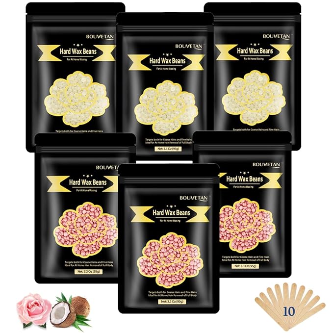 1.3Lb/21oz Hard Wax Beads for Hair Removal, Bouvetean Wax Beans for Bikini, Eyebrow, Face, Legs, Full Body Sensitive Skin Waxing with 10pcs Wax Spatulas (Pack of 6)-GlimoraGlow
