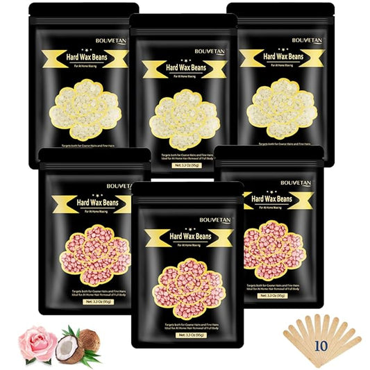 1.3Lb/21oz Hard Wax Beads for Hair Removal, Bouvetean Wax Beans for Bikini, Eyebrow, Face, Legs, Full Body Sensitive Skin Waxing with 10pcs Wax Spatulas (Pack of 6)-GlimoraGlow