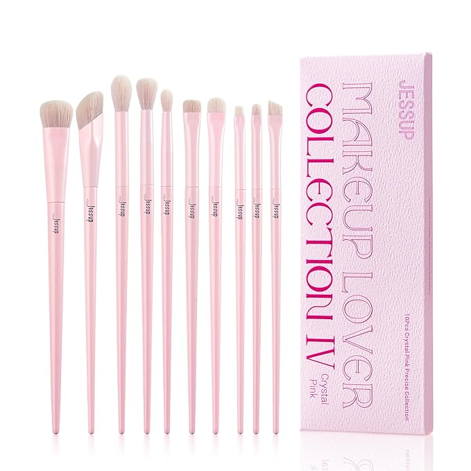 Jessup Eyeshadow Brush Set 10Pcs Pink Eye Makeup Brushes Concealer Brush Premium Synthetic Eye shadow Eyeliner Smudge Crease Blending Brush for Makeup, T496-GlimoraGlow