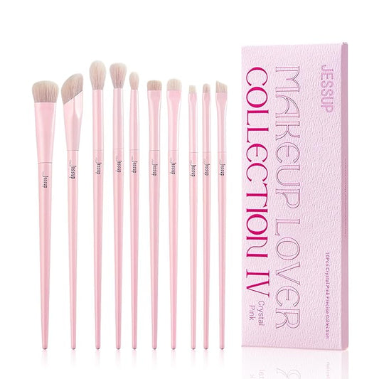 Jessup Eyeshadow Brush Set 10Pcs Pink Eye Makeup Brushes Concealer Brush Premium Synthetic Eye shadow Eyeliner Smudge Crease Blending Brush for Makeup, T496-GlimoraGlow