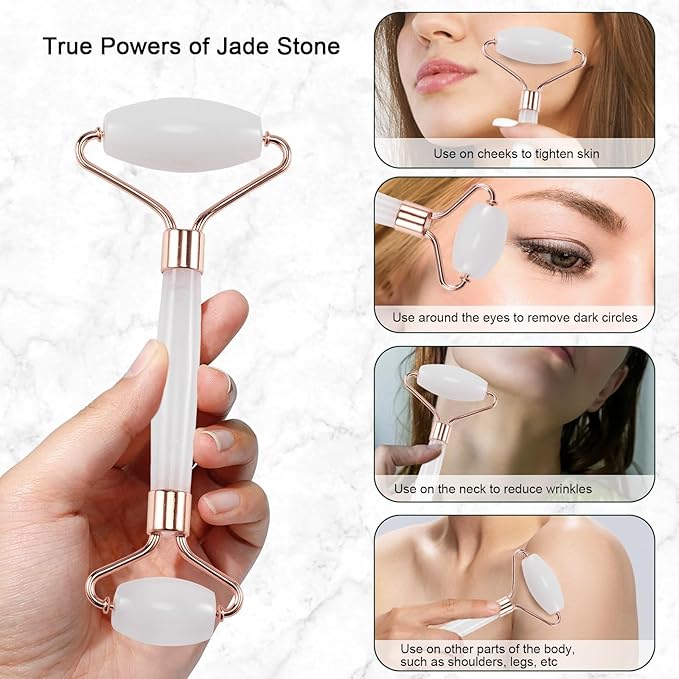 Jade Roller for Face, Facial Roller Massager Skin Care Tool, Gua Sha Facial Tools for Face, Neck, Eyes, Reduce Puffiness of The Skin - White-GlimoraGlow