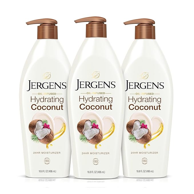 Jergens Hydrating Coconut Body Lotion, Hand and Body Moisturizer, Infused with Coconut Oil, Hydrates Dry Skin Instantly, Dermatologist Tested, 16.8 oz, Pack of 3-GlimoraGlow