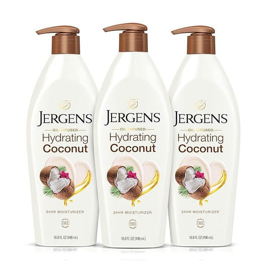 Jergens Hydrating Coconut Body Lotion, Hand and Body Moisturizer, Infused with Coconut Oil, Hydrates Dry Skin Instantly, Dermatologist Tested, 16.8 oz, Pack of 3-GlimoraGlow