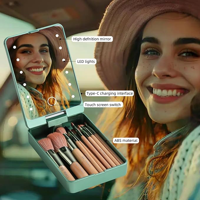 BS-MALL Travel Makeup Brush Set Foundation Powder Concealers Eye Shadows Makeup Set with LED light Mirror 14 Pcs (Green)-GlimoraGlow