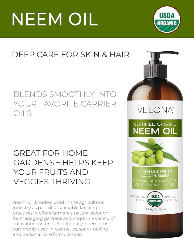velona Neem Oil USDA Certified Organic - 16 Fl Oz | 100% Pure and Natural Carrier Oil | Virgin, Unrefined, Cold Pressed | Hair, Body and Skin Care | Use Today - Enjoy Results-GlimoraGlow