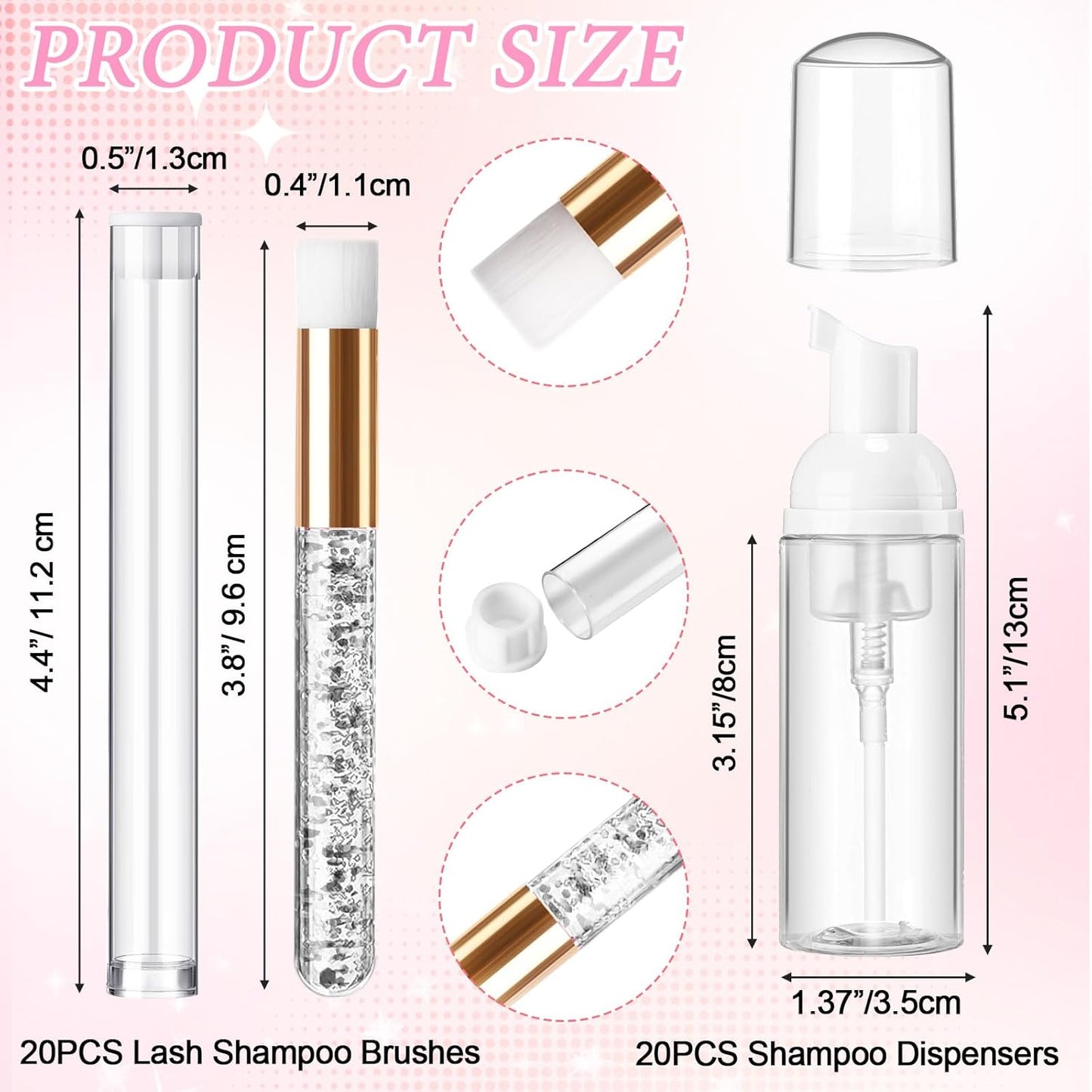 Zhehao 80 Pcs Lash Shampoo Bottle Brushes Kit 20 Foam Pump Dispensers 20 Lash Shampoo Brushes 20 Eyelash Aftercare Bag 20 Cleaning Pipes, Eyelash Extension Supplies(White, Sliver)-GlimoraGlow