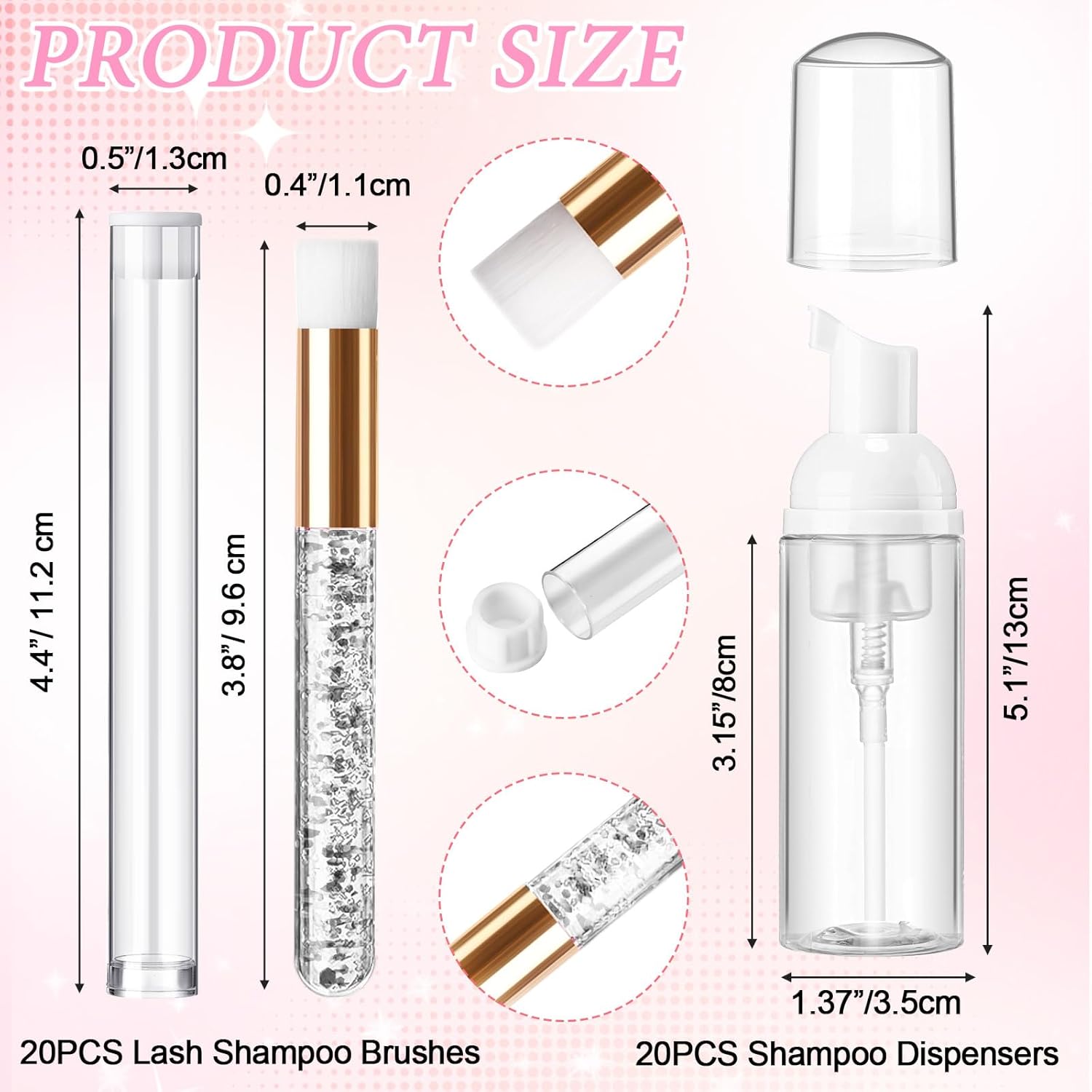 Zhehao 80 Pcs Lash Shampoo Bottle Brushes Kit 20 Foam Pump Dispensers 20 Lash Shampoo Brushes 20 Eyelash Aftercare Bag 20 Cleaning Pipes, Eyelash Extension Supplies(White, Sliver)-GlimoraGlow