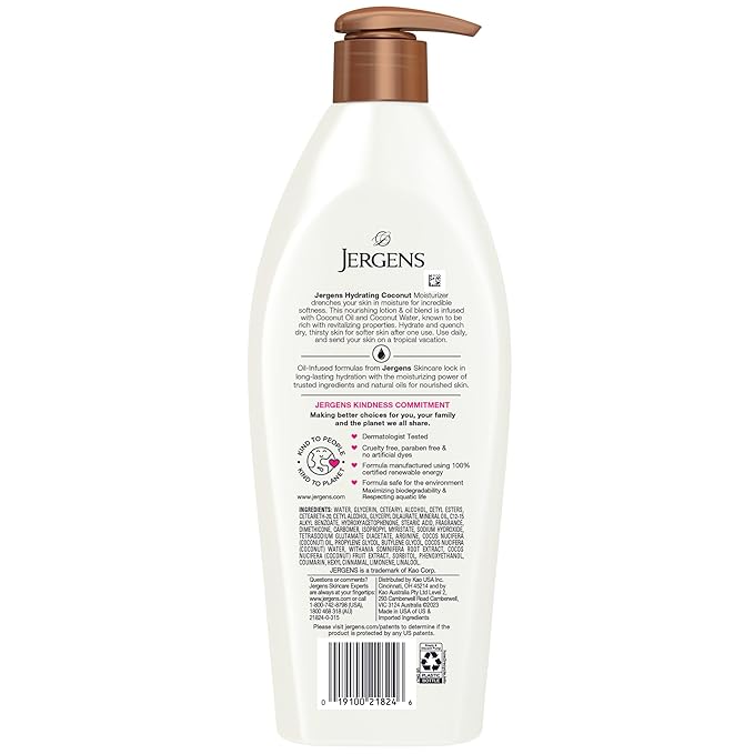 Jergens Hydrating Coconut Body Lotion, Hand and Body Moisturizer, Infused with Coconut Oil, Hydrates Dry Skin Instantly, Dermatologist Tested, 16.8 oz-GlimoraGlow