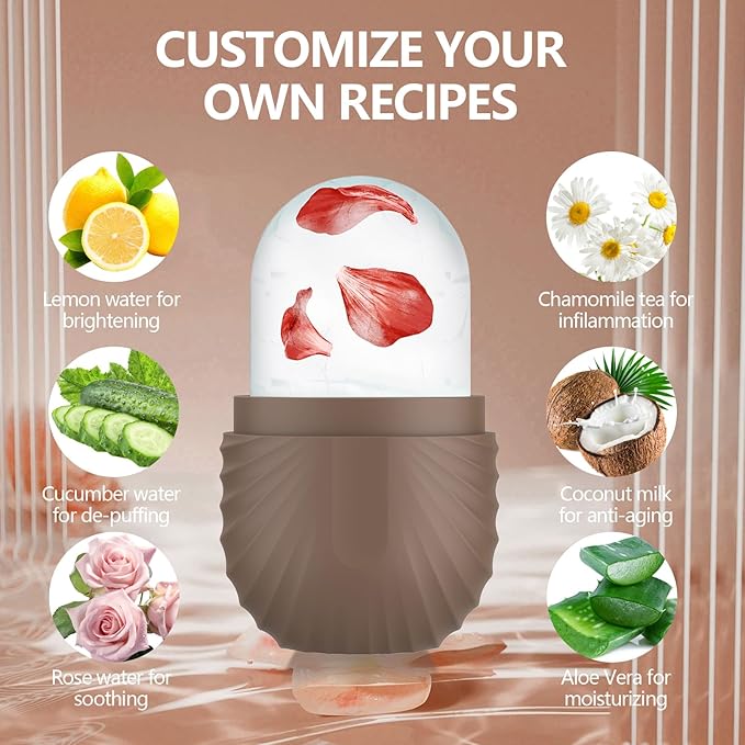 Ice Roller for Face and Eye, Silicone Ice Facial Roller Ice Holder, Face Ice Mold Skin Care, Face Icers Reusable Ice Cube Roller for Shrink Pores Anti Wrinkle Reduce Puffiness, Brown-GlimoraGlow