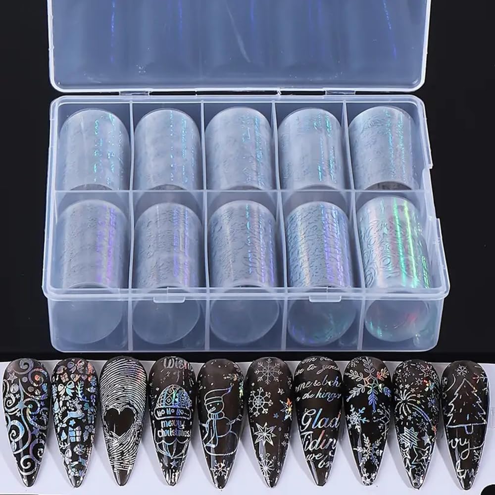 1Box 10 Rolls Laser Silvery Snowflake Nail Art Transfer Stickers 3D Christmas Tree Snowman ELK Starry Sky Paper Decals Rose Letter Gift Manicure Supplies Christmas Nail Foil Transfer Stickers Decals-GlimoraGlow