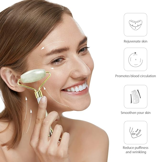 BAIMEI Jade Roller & Gua Sha Set Face Roller and Gua Sha Facial Tools for Skin Care Routine and Puffiness, Self Care Gift for Men Women - Light Green-GlimoraGlow