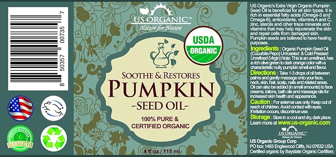 US Organic Pumpkin Seed Oil, USDA Certified Organic,100% Pure & Natural, Cold Pressed Virgin, Unrefined in Amber Glass Bottle w/Glass Eyedropper for Easy Application (Large (4 oz, 115 ml))-GlimoraGlow