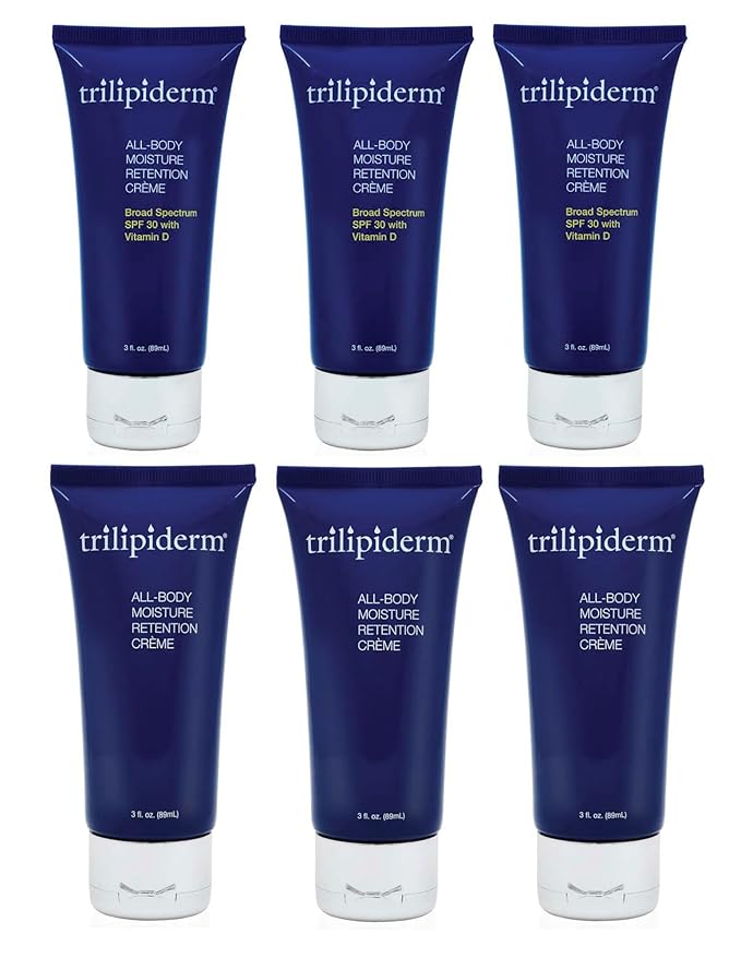 Trilipiderm 3 x All-Body Moisture Retention Creme 3x and All-Body Moisture Retention with Spf 30 Broad Spectrum 3oz size Travel Size 6-pack Sets - Air Travel, Gift, Purses, Gym Bag Lotion-GlimoraGlow