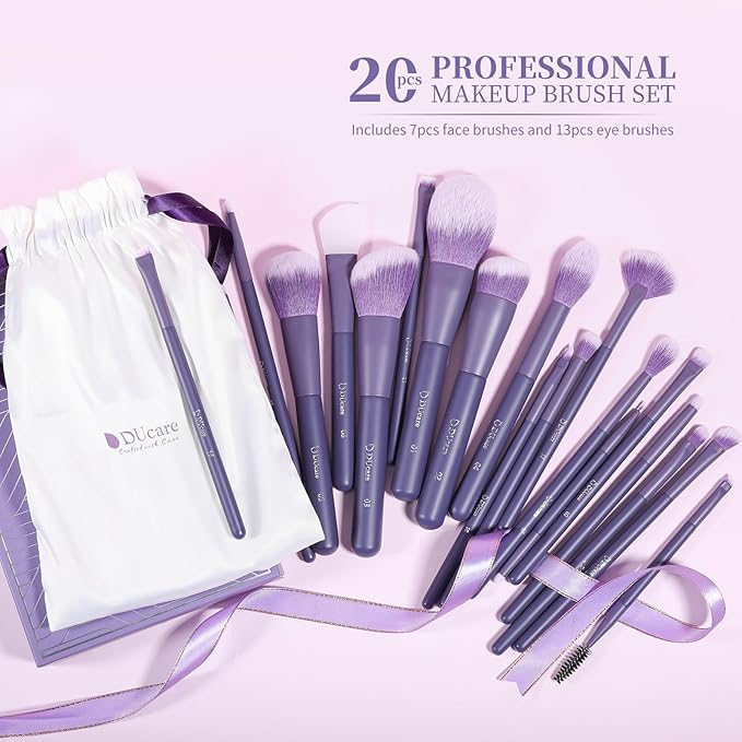 DUcare Makeup Brushes Set Professional 20pcs Vegan Make Up Brushes, Foundation Eyeshadow Concealer Contour Powder Blush Blending Eyeliner Brush with Silicone Face Mask Brush Purple-GlimoraGlow