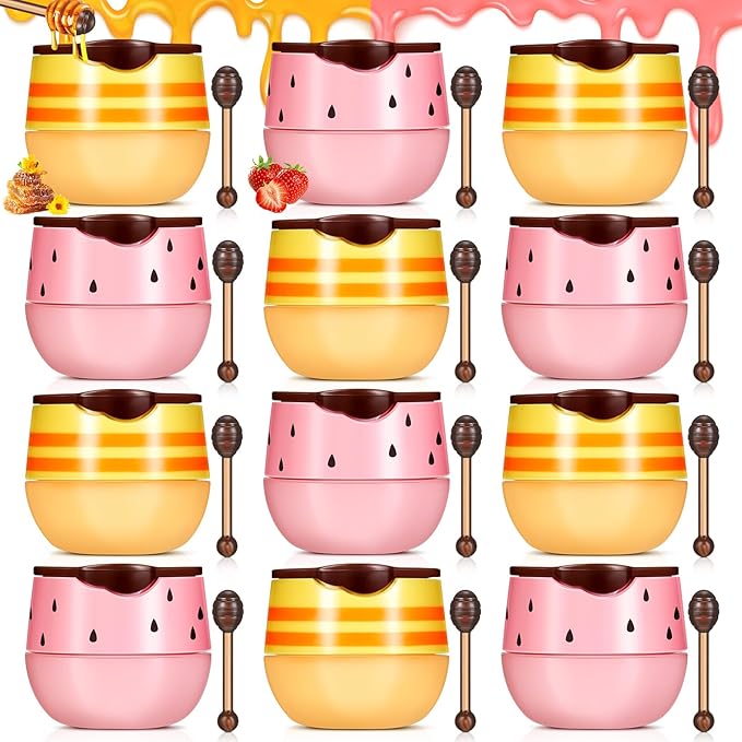 12 Pcs Bee Lip Balm Honey Pot with Brush Propolis Lip Mask Overnight, Moisturizing Hydrating Lip Sleeping Mask Prevention Dry and Cracked(Honey+Strawberry)-GlimoraGlow